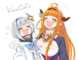 &gt;:) 2girls ahoge amane_kanata angel_wings blonde_hair blue_hair bow braid breasts chameleon_(ryokucha_combo) cleavage cleavage_cutout closed_eyes clothing_cutout diagonal-striped_bow dragon_girl dragon_horns fangs hairband halo hololive horn_ornament horn_ribbon horns kiryu_coco kiryu_coco_(1st_costume) large_breasts long_hair multicolored_hair multiple_girls open_mouth orange_hair pointy_ears ribbon sailor_collar short_hair silver_hair smile star_halo streaked_hair two-tone_hair virtual_youtuber wings