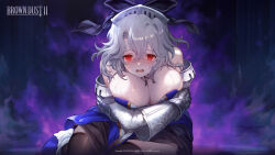  1girl absurdres black_ribbon blue_dress blush breasts breasts_squeezed_together brown_dust_2 brown_thighhighs copyright_name crossed_arms crying crying_with_eyes_open dress eyebrows_hidden_by_hair gauntlets glowing glowing_eyes grey_hair hair_between_eyes hair_ribbon highres kneeling large_breasts medium_hair mole mole_on_breast official_art official_wallpaper open_mouth red_eyes ribbon second-party_source shoulder_guard solo strapless strapless_dress sweat tears teresse_(brown_dust) thighhighs tiara white_footwear 