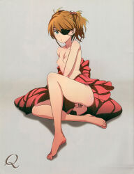  1girl absurdres artistic_error bad_feet bar_censor bare_shoulders barefoot blue_eyes blush breasts cameltoe censored cleft_of_venus evangelion:_3.0_you_can_(not)_redo eyepatch feet highres legs long_hair looking_at_viewer mebae neon_genesis_evangelion nipples orange_hair rebuild_of_evangelion scan sitting small_breasts solo souryuu_asuka_langley wrong_foot 