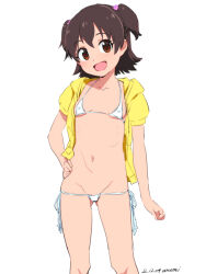  1girl :d akagi_miria artist_name baba_arumi bikini breasts brown_eyes brown_hair commentary_request covered_erect_nipples dated dated_commentary female_focus idolmaster idolmaster_cinderella_girls idolmaster_cinderella_girls_u149 jacket loli looking_at_viewer micro_bikini open_clothes open_jacket open_mouth short_hair simple_background small_breasts smile solo standing swimsuit white_background white_bikini yellow_jacket  rating:Questionable score:82 user:danbooru