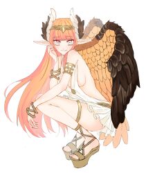  1girl absurdres arm_support armlet bare_shoulders bird_tail blue_eyes bracelet breasts brown_wings circe_(fate) circlet commentary_request cross-laced_sandals dress fate/grand_order fate_(series) feathered_wings head_wings highres jewelry kanya_1111 long_hair looking_at_viewer medium_breasts multicolored_eyes orange_hair pink_eyes pointy_ears sideboob smile solo squatting tail thighlet white_dress wings 