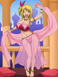  1girl anklet armlet barefoot bikini blonde_hair blush bra bracelet breasts castle chain cleavage dancer dancing dress closed_eyes fairy_tail feet floor hair_ornament happy harem_outfit jewelry large_breasts legs long_hair lucy_heartfilia navel necklace open_mouth palace panties pillow ponytail ribbon see-through shablagoo side_ponytail slave smile swimsuit thigh_gap underwear  rating:Questionable score:94 user:League_Of_Bitches