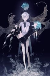  2others absurdres amputee androgynous antarcticite black_gloves broken closed_eyes colored_eyelashes commentary_request cracked_skin crystal_hair double_amputee finger_to_mouth gem_uniform_(houseki_no_kuni) gloves green_hair high_heels highres houseki_no_kuni looking_at_viewer multiple_others necktie phosphophyllite short_hair short_sleeves shorts shushing smile thkani white_eyes white_hair  rating:Sensitive score:8 user:danbooru