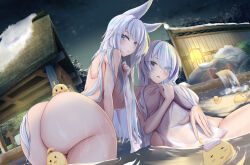  2girls absurdres areola_slip ass azur_lane blue_eyes breasts commentary covered_erect_nipples hanging_breasts highres large_breasts leaning_forward looking_at_viewer manjuu_(azur_lane) multiple_girls naked_towel night onsen purple_eyes shinano_(azur_lane) spekkio36 symbol-only_commentary towel unzen_(azur_lane) water white_towel 