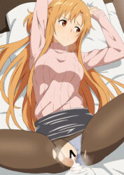  1girl after_rape aftersex aji_n asuna_(sao) averting_eyes bar_censor braid breasts brown_eyes brown_hair censored clothes_lift clothing_aside commentary_request cum cum_in_pussy cumdrip french_braid frown grey_panties grey_shirt head_on_pillow highres long_hair lying medium_breasts on_back on_bed panties panties_aside pantyhose pencil_skirt pink_sweater ribbed_sweater shirt short_ponytail skirt skirt_lift solo spread_legs sweater sword_art_online tears torn_clothes torn_pantyhose turtleneck turtleneck_sweater underwear very_long_hair 