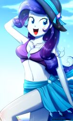  1girl armpits bikini breasts cleavage hasbro hat highres my_little_pony my_little_pony:_equestria_girls my_little_pony:_friendship_is_magic open_mouth purple_hair rarity_(my_little_pony) sarong signature solo sun_hat swimsuit the-butch-x  rating:Sensitive score:6 user:wicket505