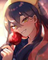  1girl black_hair blush candy_apple carmine_(pokemon) colored_inner_hair commentary_request creatures_(company) crossed_bangs food game_freak hair_between_eyes hairband highres holding holding_food japanese_clothes jinbei_(clothes) looking_at_viewer mitorizu_02 mole mole_under_eye multicolored_hair nintendo pokemon pokemon_sv red_hair smile solo teeth upper_body yellow_eyes yellow_hairband 