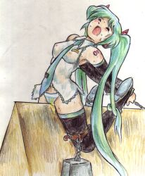  bdsm bondage bound frogtie hatsune_miku panties peeing striped_clothes striped_panties twintails tyoujiya underwear vocaloid wooden_horse  rating:Explicit score:42 user:flamebroiledham