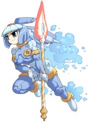  1girl andorlier android armor artist_name blue_armor blue_eyes blue_footwear blue_helmet blush boots breasts colored_skin commentary_request crop_top fairy_leviathan_(mega_man) forehead_jewel helmet high_heel_boots high_heels highres holding holding_polearm holding_weapon joints large_breasts mechanical_parts mega_man_(series) mega_man_zero_(series) polearm robot_girl robot_joints simple_background smile solo spear thigh_boots weapon white_background white_skin 