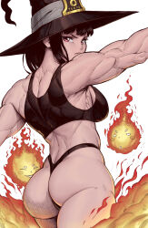  1girl absurdres ass back bare_arms bare_legs biceps black_hair black_singlet deltoids en&#039;en_no_shouboutai fireball hat highres lats looking_at_viewer looking_back maki_oze muscular muscular_female outstretched_arms pale_skin red_eyes speedl00ver sports_bra thick_thighs thighs thong trapezius witch_hat  rating:Sensitive score:59 user:danbooru