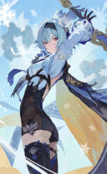  1girl arms_up ass black_hairband blue_hair bodystocking boots breasts claymore_(sword) day eula_(genshin_impact) from_side genshin_impact gloves hair_ornament hairband highres holding holding_weapon large_breasts long_sleeves looking_at_viewer looking_to_the_side medium_hair outdoors purple_eyes serie_niai solo thigh_boots thighs weapon 
