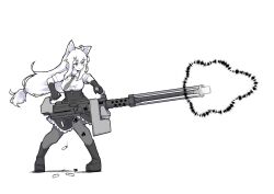  1girl ahoge animal_ears black_dress black_gloves black_pantyhose breasts browning_m2 buttons casing casing_ejection closed_mouth collared_dress dot_mouth dress firing fox_ears frilled_dress frills from_side full_body gloves grey_eyes grey_footwear grey_necktie gun hair_between_eyes hair_ornament hair_tie hairclip heavy_machine_gun highres holding holding_gun holding_weapon huge_weapon long_hair machine_gun medium_breasts muzzle_flash necktie original pantyhose shadow shell_casing shield sidelocks sleeves_rolled_up solo sweater tamamo_ozen very_long_hair weapon white_background white_hair white_sweater 