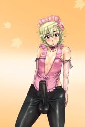  1girl androgynous apron bad_id bad_pixiv_id blonde_hair blush breasts bulge crossdressing detached_sleeves elbow_gloves erection erection_under_clothes flower gloves green_eyes hair_ornament hairclip latex maid maid_apron maid_headdress medium_breasts nipples pantyhose penis solo wamura_takano  rating:Explicit score:22 user:pikachu2233