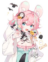  1girl animal_ear_fluff animal_ears aqua_dress aqua_hair arin_(fanfan013) bandaged_wrist bandages bat_(animal) black_collar black_ribbon black_shirt blue_eyes bow bowtie breasts brooch buttons candy chinese_commentary cleavage cleavage_cutout cloak clothing_cutout collar colored_inner_hair commentary_request dress eyelashes fang fingernails food frilled_dress frills ghost ghost_hair_ornament hair_between_eyes hair_bow hair_ornament hairclip happy high_collar holding holding_candy holding_food holding_lollipop hood hood_down hooded_cloak jack-o&#039;-lantern jack-o&#039;-lantern_hair_ornament jewelry large_breasts lollipop long_sleeves looking_at_viewer mouse_ears multicolored_hair neck_ribbon open_mouth original palms pink_bow pink_bowtie pink_hair ribbon see-through_bow shirt short_hair smile solo sparkle streaked_hair transparent_background upper_body white_cloak white_hood white_sleeves wide_sleeves 
