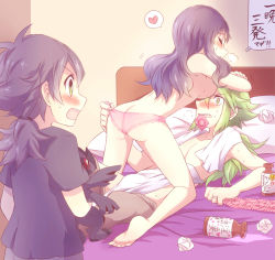  10s 1girl 2boys ass barefoot bed black_hair blush butt_crack caught closed_eyes clothes_pull condom condom_in_mouth condom_packet_strip condom_wrapper creatures_(company) doll feet game_freak gen_5_pokemon girl_on_top green_hair heart hilda_(pokemon) if_they_mated jewelry kabocha_torute legendary_pokemon mother_and_son mouth_hold multiple_boys n_(pokemon) nintendo panties pants pants_pull personification pink_panties pokemon pokemon_(creature) pokemon_bw ponytail ring soles spoken_heart toes topless underwear walk-in wedding_band zekrom zoroark zorua  rating:Questionable score:121 user:danbooru