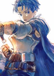  1boy alain_(unicorn_overlord) armor belt blue_cape blue_eyes blue_hair blue_pants breastplate brown_belt brown_gloves cape detached_sleeves gauntlets gloves highres holding holding_sword holding_weapon looking_at_viewer male_focus miyama_(lacrima01) open_mouth pants short_hair simple_background solo sword unicorn_overlord v-shaped_eyebrows weapon white_background 