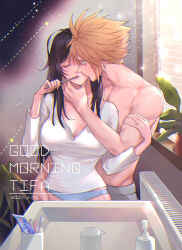  1boy 1girl absurdres bathroom black_hair blonde_hair blue_eyes blue_panties breasts brushing_teeth character_name closed_eyes cloud_strife collarbone commentary_request couple cowboy_shot facing_viewer final_fantasy final_fantasy_vii final_fantasy_vii_advent_children final_fantasy_vii_remake good_morning hand_on_another&#039;s_arm hand_on_another&#039;s_face hetero highres indoors kiss kiss_day kissing_cheek large_breasts long_hair long_sleeves looking_at_another messy_hair morning mugikoma narrow_waist panties pink_lips plant shirt sink spiked_hair star_(symbol) sunlight tifa_lockhart toned toned_male toothbrush topless_male underwear watermark white_shirt window 