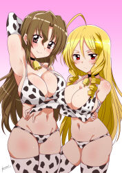  2girls ahoge animal_print aoi_manabu arm_up armpits bare_shoulders blonde_hair blush breast_hold breasts brown_hair choker cleavage collarbone commentary_request commission cow_girl cow_print cow_print_bikini cowbell drill_hair elbow_gloves gloves groin hayate_no_gotoku! large_breasts long_hair maria_(hayate_no_gotoku!) multiple_girls navel pixiv_commission print_bikini red_eyes sideboob simple_background stomach sweat tennousu_athena thighhighs thighs  rating:Sensitive score:10 user:yuri2896