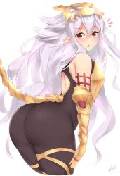 1girl ass ass_focus backless_outfit bare_shoulders bodysuit flat_chest gauntlets granblue_fantasy huge_ass kuavera long_hair looking_at_viewer looking_back medusa_(shingeki_no_bahamut) parted_lips pointy_ears red_eyes signature simple_background skin_tight solo thick_thighs thighs very_long_hair white_background white_hair wide_hips rating:Sensitive score:89 user:danbooru