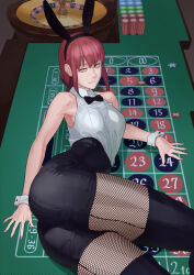  1girl @_@ armpits black_shorts bow bowtie braid braided_ponytail breasts casino casino_chip casino_table chainsaw_man collared_shirt fishnets high-waist_shorts highres leotard looking_at_viewer lying makima_(chainsaw_man) medium_breasts mokottsu on_side on_table pink_nails playboy_bunny poker_chip rabbit_ears red_hair ringed_eyes roulette roulette_table roulette_wheel shirt shorts sidelocks sleeveless sleeveless_shirt smile table thighhighs thighs white_shirt wing_collar wrist_cuffs yellow_eyes  rating:Sensitive score:28 user:jpaoaknw