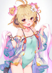  1girl :d ahoge andira_(granblue_fantasy) animal_ears bangs bare_shoulders blonde_hair blush breasts casual_one-piece_swimsuit cleavage collarbone commentary_request covered_navel detached_sleeves erune eyebrows_visible_through_hair fang flower granblue_fantasy hair_between_eyes hair_flower hair_ornament hands_up highleg highleg_swimsuit highres looking_at_viewer monkey_ears monkey_tail off_shoulder one-piece_swimsuit open_mouth orange_eyes pilokey short_hair simple_background skin_fang small_breasts smile solo swimsuit tail two_side_up white_background 