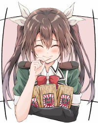  1girl black_gloves brown_hair closed_eyes closed_mouth commission dairyo3 elbow_gloves facing_viewer fang food gloves green_jacket hair_between_eyes hair_ribbon highres jacket kantai_collection long_hair ribbon rising_sun_flag single_elbow_glove skeb_commission solo sunburst tone_(kancolle) upper_body wagashi white_ribbon youkan_(food) 
