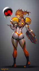  1girl absurdres arm_cannon ass assault_visor blonde_hair bodysuit danderfull fusion highres long_hair looking_at_viewer metroid mole mole_under_mouth nintendo orange_bodysuit orange_goggles overwatch ponytail samus_aran skin_tight solo spiked_hair tracer_(overwatch) weapon 