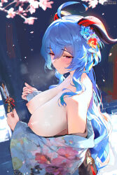  1girl ahoge alternate_costume bare_shoulders blue_hair blue_kimono blush breasts cleavage closed_mouth commentary_request embarrassed floral_print flower ganyu_(genshin_impact) genshin_impact goat_horns hair_flower hair_ornament highres horns japanese_clothes kimono large_breasts long_hair long_sleeves misaka_12003-gou nipples off_shoulder purple_eyes smile solo twitter_username  rating:Questionable score:124 user:danbooru