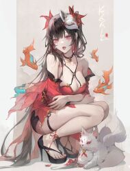  1girl arms_under_breasts artist_name bare_shoulders bell black_choker black_hair breasts cat choker cleavage collarbone criss-cross_halter crossed_arms detached_sleeves dress flower_tattoo fox_mask from_side full_body halterneck high_heels highres honkai:_star_rail honkai_(series) kkamiiz koi light_brown_background long_hair looking_ahead low_neckline mask mask_on_head medium_breasts nail_polish neck_bell o-ring open_mouth pillarboxed red_dress red_eyes red_nails red_sleeves solo sparkle_(honkai:_star_rail) squatting tattoo teeth toenail_polish toenails tongue tongue_out turning_head upper_teeth_only very_long_hair 