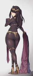  1girl absurdres ass aster_crowley black_hair blunt_bangs blush body_writing bodystocking book breasts cape unworn_cape closed_mouth commentary crossed_legs english_commentary fire_emblem fire_emblem_awakening from_behind grey_background highres long_hair looking_at_viewer looking_back medium_breasts nintendo purple_eyes shiny_skin simple_background skin_tight solo standing tharja_(fire_emblem) thighlet tiara watson_cross  rating:Questionable score:108 user:danbooru