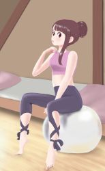 absurdres bad_link ball barefoot bedroom brown_hair exercise_ball highres kagari_atsuko little_witch_academia midriff red_eyes sparkycerebrum toe-point rating:General score:10 user:danbooru