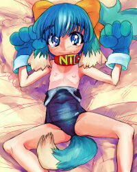  1girl animal_collar animal_ears animal_hands blue_eyes blue_hair blue_tail bow breasts closed_mouth collar dog_ears dog_girl dog_tail fang fang_out floppy_ears gloves hair_bow hands_up highres inu-t looking_at_viewer lying medium_hair multicolored_tail nipples nt-tan old_school_swimsuit on_back one-piece_swimsuit one-piece_tan os-tan paw_gloves ponytail purple_one-piece_swimsuit red_collar school_swimsuit small_breasts solo spread_legs swimsuit tail tan tanline tears tsukiyono_aroe white_tail yellow_bow 