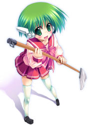 1girl :d bad_id bad_pixiv_id blush bow from_above full_body green_eyes green_hair happy holding ichijou_hitoshi legs_apart loafers long_sleeves looking_at_viewer matching_hair/eyes mop multi_(to_heart) open_mouth pigeon-toed pink_bow pleated_skirt red_skirt robot_ears school_uniform serafuku shadow shoes short_hair skirt smile solo standing thighhighs to_heart to_heart_(series) white_background white_thighhighs rating:Sensitive score:2 user:danbooru