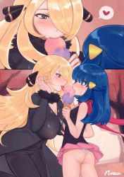 2girls absurdres age_difference ass bad_id bad_pixiv_id blonde_hair blue_hair blush breasts covered_erect_nipples creatures_(company) cynthia_(pokemon) dawn_(pokemon) eye_contact food game_freak heart height_difference highres ice_cream ice_cream_cone large_breasts licking loli looking_at_another multiple_girls nintendo norza onee-loli panties phallic_symbol pink_skirt pokemon pokemon_dppt scarf sexually_suggestive shared_food skirt small_breasts spoken_heart underwear white_panties yuri rating:Questionable score:368 user:danbooru