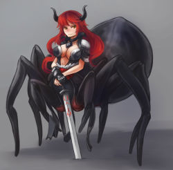 1girl airomed arachne arceonn armor arthropod_girl bikini_armor borrowed_character breasts choker cleavage demon_horns full_body gauntlets gloves grey_background high_collar highres holding holding_sword holding_weapon horns insect_girl jewelry large_breasts light_smile long_hair looking_at_viewer monster_girl multiple_legs navel necklace original own_hands_together pauldrons pendant planted planted_sword planted_weapon red_hair runes shoulder_armor single_gauntlet single_glove slit_pupils solo spider_girl standing sword taur weapon yellow_eyes rating:Sensitive score:17 user:danbooru