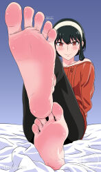  1girl artist_name barefoot black_hair black_pants blue_background blush clothing_cutout collarbone crossed_legs earrings feet feet_together foot_focus gradient_background hair_ornament hairband highres jewelry long_hair looking_ahead looking_at_viewer majdutsu no_shoes no_socks pants red_eyes red_shirt red_sweater shirt short_hair shoulder_cutout signature simple_background sitting smile soles solo spy_x_family sweater toes yor_briar 