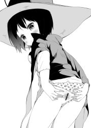 10s 1girl :/ ass bar_censor black_hair blush cape censored clothes_lift clothing_aside cowboy_shot dress dress_lift female_focus food-themed_clothes food_print from_behind from_below greyscale hands_on_ass hat kupaa lace lace-trimmed_dress lace_trim leaning_forward loli looking_at_viewer looking_back maji_moji_rurumo monochrome panties panties_aside presenting print_panties pussy rurumo short_dress short_hair simple_background solo spread_pussy standing strawberry_panties strawberry_print tsurime underwear white_background witch_hat yuizaki_kazuya rating:Explicit score:68 user:danbooru