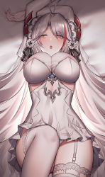  1girl absurdres antenna_hair arms_up azur_lane bad_id bad_pixiv_id blush breasts bridal_gauntlets bridal_veil commentary_request dress garter_straps gloves headgear highres large_breasts long_hair looking_at_viewer lying multicolored_hair on_back panties prinz_eugen_(azur_lane) prinz_eugen_(symphonic_fate)_(azur_lane) revision silver_hair siu_(siu0207) solo two_side_up underwear veil very_long_hair wedding_dress white_dress white_panties  rating:Sensitive score:55 user:danbooru