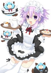 1girl :d alternate_costume apron black_dress blush cake cup d-pad d-pad_hair_ornament dogoo dress enmaided food frilled_dress frills hair_between_eyes hair_ornament highres holding holding_tray looking_at_viewer maid maid_apron maid_headdress neptune_(neptunia) neptune_(series) open_mouth purple_eyes purple_hair short_hair_with_long_locks simple_background smile solo tea teacup teapot thighhighs tray waiter white_apron white_background white_thighhighs zero_(ray_0805)