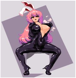  1girl alternate_costume animal_ears black_suit blush bodysuit bodysuit_pull breasts breasts_out breath cleavage covered_erect_nipples covered_navel female_focus flashing formal full_body grabbing grey_background grin half-closed_eyes hand_on_breast heavy_breathing high_heels huge_breasts large_breasts latex latex_suit long_hair looking_at_another looking_at_viewer namako_daibakuhatsu naughty_face navel nipples nose_blush open_bodysuit open_clothes open_mouth pink_hair pixel_art purple_hair rabbit_ears red_eyes redrawn reisen_udongein_inaba revealing_clothes shiny_clothes simple_background sitting sitting_on_object skin_tight smile solo spread_legs standing suit sweat tareme teasing tiptoes touhou undressing very_long_hair  rating:Explicit score:224 user:fusking