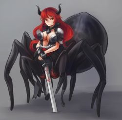 1girl airomed arachne arceonn armor arthropod_girl bikini_armor borrowed_character breasts choker cleavage demon_horns extra_legs full_body gauntlets gloves grey_background high_collar highres holding holding_sword holding_weapon horns insect_girl jewelry large_breasts light_smile long_hair looking_at_viewer md5_mismatch monster_girl multiple_legs navel necklace original own_hands_together pauldrons pendant planted planted_sword planted_weapon red_hair runes shoulder_armor single_gauntlet single_glove slit_pupils solo spider_girl standing sword taur weapon yellow_eyes rating:Sensitive score:32 user:danbooru