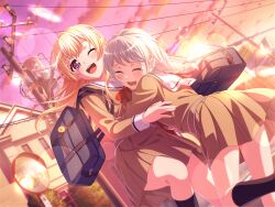 2girls bang_dream! blonde_hair hanasakigawa_school_uniform multiple_girls official_art purple_eyes shirasagi_chisato wakamiya_eve