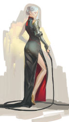  1girl ass black_dress braid brown_footwear closed_eyes closed_mouth commentary dress expressionless facing_to_the_side from_behind full_body gauntlets highres holding holding_whip ikeda_masateru legs original red_dress short_hair side_slit silver_hair single_gauntlet sleeveless sleeveless_dress solo standing tassel taut_clothes taut_dress two-tone_dress whip 