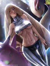  1girl alternate_breast_size alternate_color alternate_costume armpits artist_name bare_arms bare_shoulders blonde_hair blurry blurry_background blush breasts breasts_apart clefable creatures_(company) crop_top crop_top_overhang depth_of_field dutch_angle game_freak gen_1_pokemon gen_3_pokemon green_eyes hand_on_own_hip large_breasts leggings lens_flare light_smile limgae lips long_hair looking_at_viewer lusamine_(pokemon) mature_female milotic nintendo parted_bangs parted_lips pokemon pokemon_(creature) pokemon_sm realistic shiny_clothes sleeveless standing thigh_gap toned underboob v very_long_hair watermark web_address  rating:Questionable score:156 user:danbooru