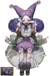  1other absurdres androgynous blue_flower broken_glass crying doll_joints flower full_body glass highres joints open_mouth original personification puffy_shorts purple_eyes purple_headwear purple_shorts rinotuna shadow shorts simple_background sitting solo tears white_background  rating:Sensitive score:6 user:danbooru
