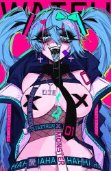  ! 1girl :d ace_glitch ambiguous_green_liquid areola_slip bandaid bdsm black_hoodie blue_eyes blue_hair bondage_outfit bound bow bowtie breastless_leotard breasts covered_erect_nipples cross cross_earrings double-parted_bangs drooling earrings hair_bow hair_ornament hair_tie hatsune_miku heart heart_in_eye highres hood hoodie jewelry large_breasts leotard long_hair looking_at_viewer necktie open_mouth pink_background seductive_smile see-through see-through_leotard sharp_teeth shoulder_tattoo simple_background smile solo symbol_in_eye tattoo teeth thick_eyelashes twintails variant_set very_long_hair vocaloid 