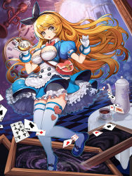  1girl alice_(alice_in_wonderland) alice_in_wonderland bag between_breasts blonde_hair bow breasts candelabra candlestand card checkered_floor clock corset dress full_body goomrrat hair_bow hair_ornament hairband large_breasts long_hair looking_at_viewer open_mouth original over-kneehighs pantyhose picture_frame portal_(object) ribbon shoes shoulder_bag solo strap_between_breasts swept_bangs tagme thighhighs very_long_hair watch white_pantyhose white_thighhighs zettai_ryouiki  rating:Sensitive score:16 user:danbooru