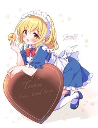  1girl :d apron back_bow blonde_hair blue_dress blue_footwear blush bow bowtie candy chocolate chocolate_heart cookie dress food frilled_dress frills full_body heart highres holding holding_cookie holding_food lotus_land_story maid maid_apron maid_day maid_headdress mary_janes mugetsu_(touhou) open_mouth puffy_short_sleeves puffy_sleeves red_bow red_bowtie shoes short_sleeves simple_background smile solo thighhighs touhou touhou_(pc-98) white_apron white_background white_bow white_thighhighs yellow_eyes yurufuwa_milk 