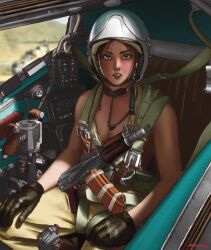  1girl afghanistan aircraft aks-74u assault_rifle black_gloves breasts brown_eyes chest_rig cleavage cockpit derivative_work gloves gun helicopter highres kalashnikov_rifle looking_at_viewer mi-24 military military_uniform nnnmengmeng open_cockpit open_mouth original pilot pilot_helmet real_world_location rifle small_breasts soviet soviet_air_force soviet_army sweat teeth uniform war_in_afghanistan weapon white_helmet 