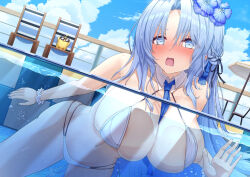  1girl against_glass alsace_(azur_lane) alsace_(heat_beating_summer_sacrament)_(azur_lane) azur_lane bare_shoulders beach_chair between_breasts bikini bird blue_eyes blue_hair blue_nails blue_necktie blue_ribbon blue_sky blush braid breast_press breasts breasts_on_glass chick cleavage cloud collarbone commentary_request day detached_collar flower french_braid hair_flower hair_ornament hair_ribbon highres large_breasts long_hair looking_at_viewer manjuu_(azur_lane) multi-strapped_bikini_bottom navel necktie necktie_between_breasts nose_blush official_alternate_costume open_mouth outdoors parted_bangs partially_submerged pool ribbon scrunchie sidelocks sitting sky solo_focus stomach sunglasses swimsuit very_long_hair water wet white_bikini wrist_scrunchie yoshi_yubisashi 
